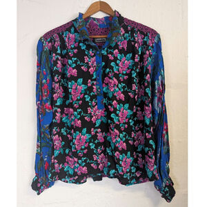 Carol Little Floral Boho Blouse Popover Cottage Peasant Blue Purple Womens XL